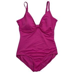 JANTZEN Women’s Plus One-Piece Swimsuit Fuscia Empire‎ V-Neck Knot Padded Bra 16